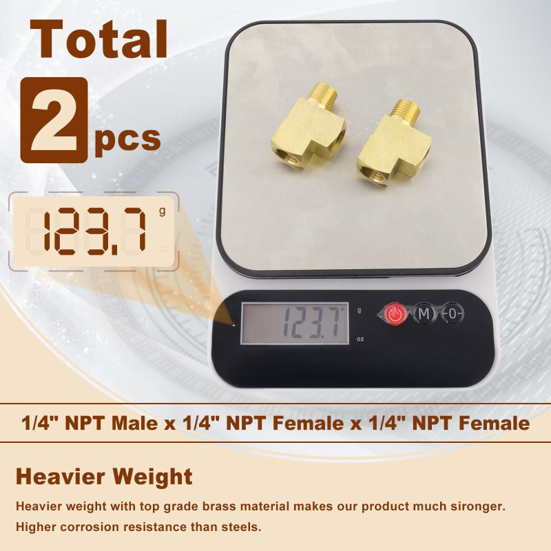 Boeray 2pcs 1/4" Brass Tee Fittings 1/4" NPT Female Pipe to 1/4" NPT Male to 1/4" NPT Female Brass Barstock Street Tee Pipe Fittings 3 Way for Joining Pipe - Image 5